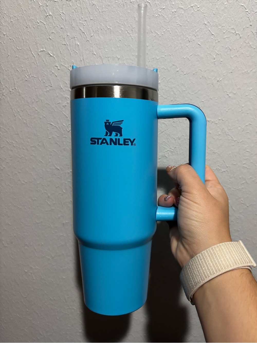Stanley Bright Blue Travel Tumbler with Handle and Clear Straw
